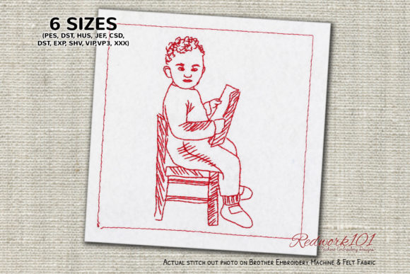Boy Reading a Book: A Timeless Redwork Embroidery Design for Creative Projects